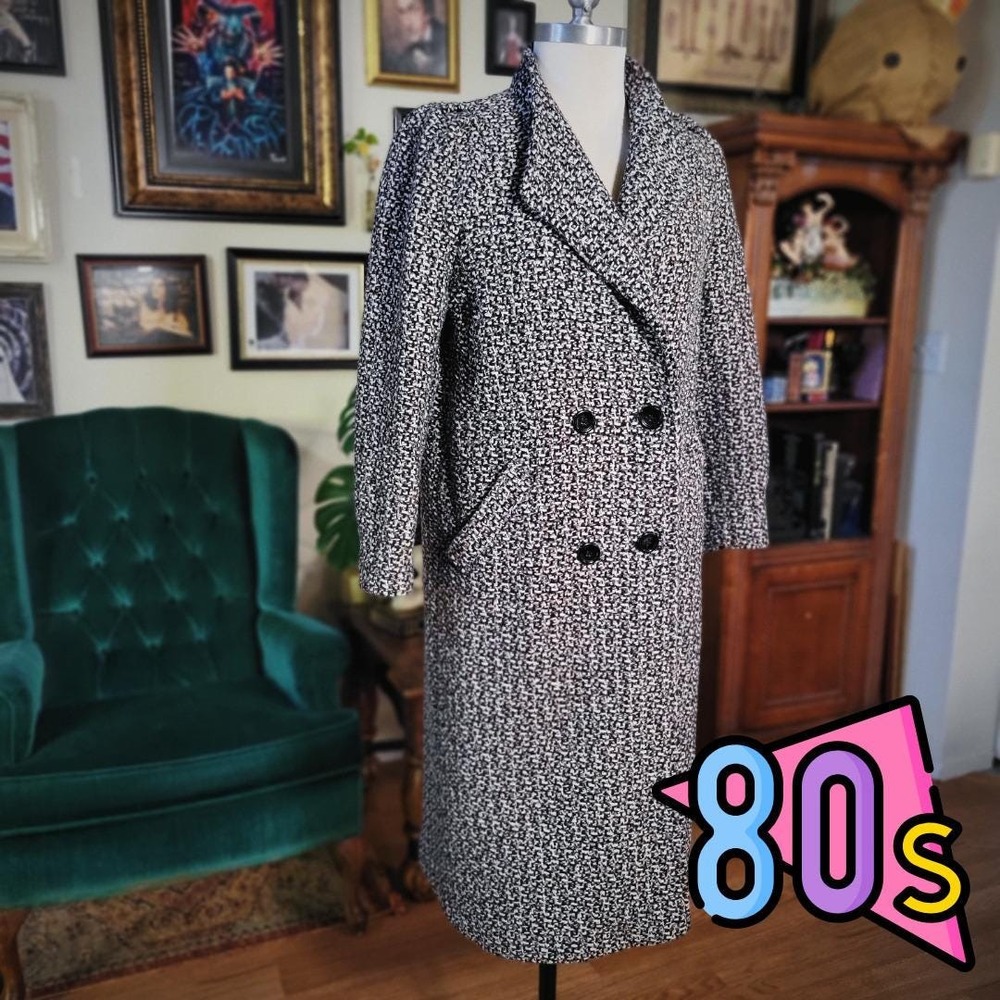 TJW Mervyns Tweed Coat Vintage 80s Long Black White Brown‎ Double Breasted Small